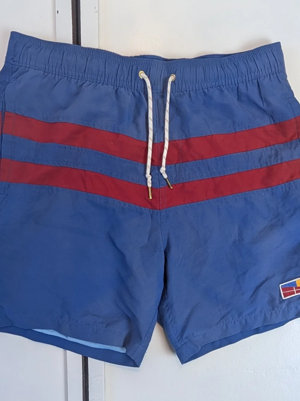 Five Four Blue Swim Shorts with Red Chevron Stripes
